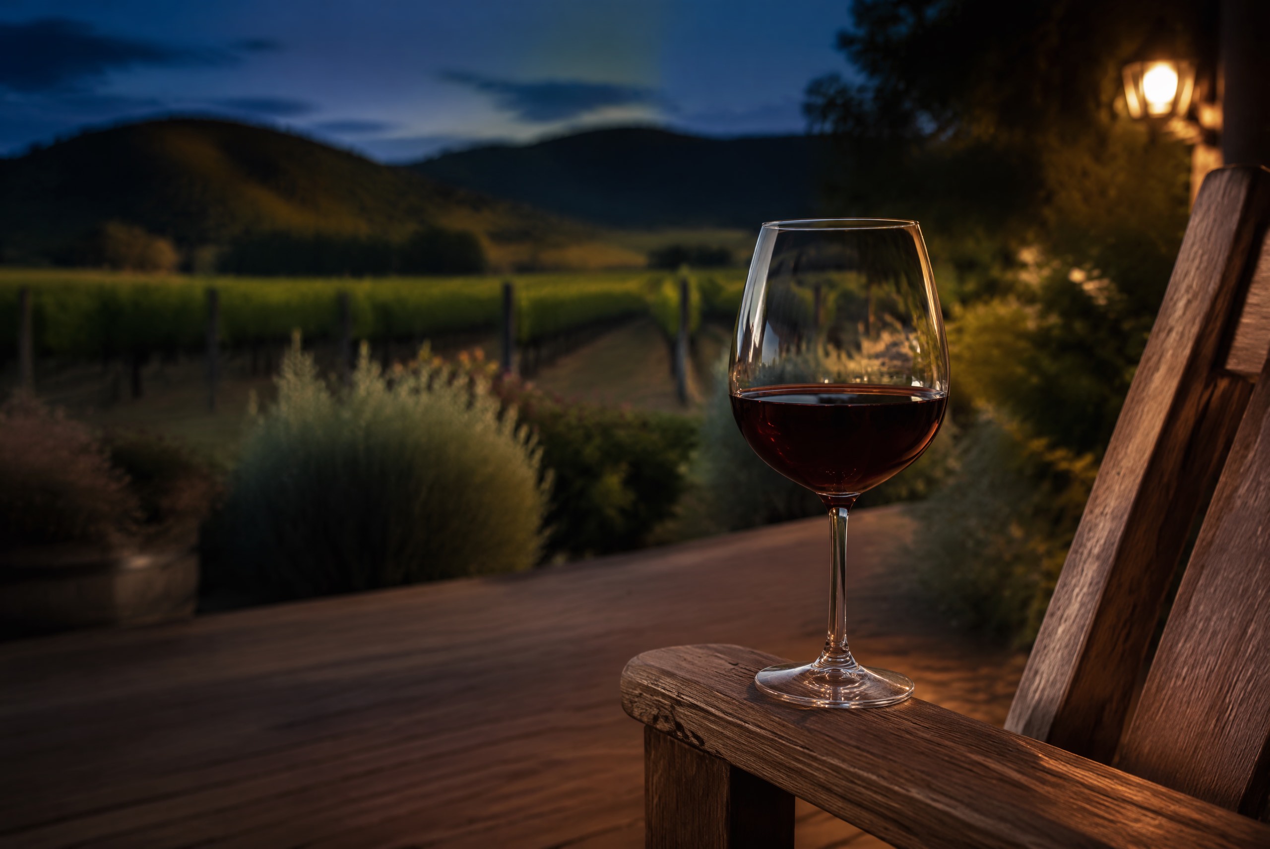 A glass of red on the verandah at dusk, vines beyond